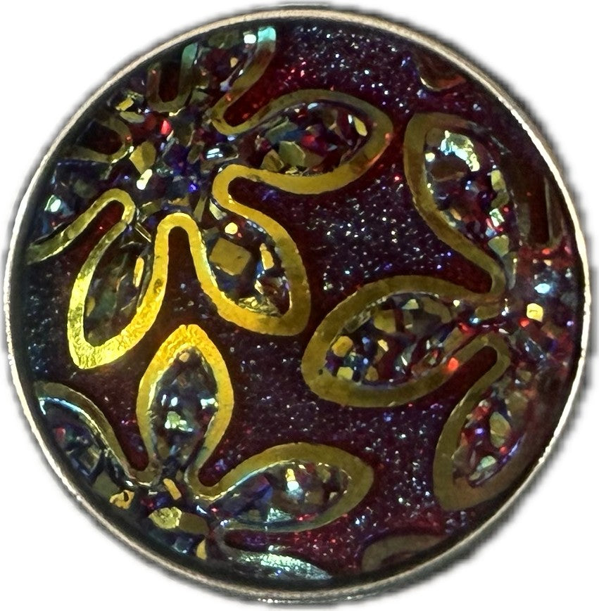Simple Elegance Jewelry 20mm acrylic snap charm featuring a dark purple glitter flower design with gold outlines.