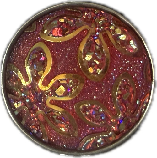 Simple Elegance Jewelry 20mm round acrylic snap charm featuring a red glittery background with gold flower outlines.