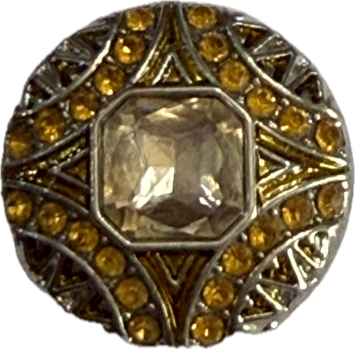 Simple Elegance Jewelry 20mm round metal snap charm featuring a square central rhinestone and amber crystal accents.