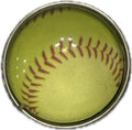 Simple Elegance Jewelry 20mm glass snap button featuring a yellow softball design with red stitching for snap jewelry.