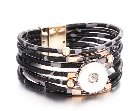 Black Leopard Magnetic Multiple Strap Single Snap Bracelet 20mm Snap