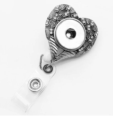 Heart/Wings Rhinestone Retractable Badge Holder for 20mm Snap Charm Jewelry