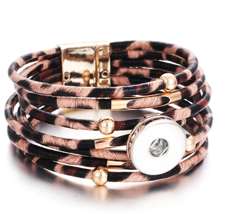 Brown Leopard Magnetic Multiple Strap Single Snap Bracelet 20mm Snap