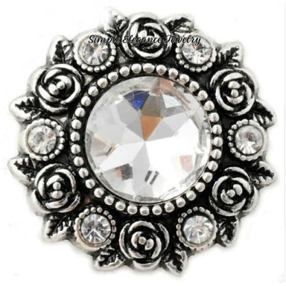 Rose Accent Rhinestone Metal Snap 20mm - Clear - Snap Jewelry