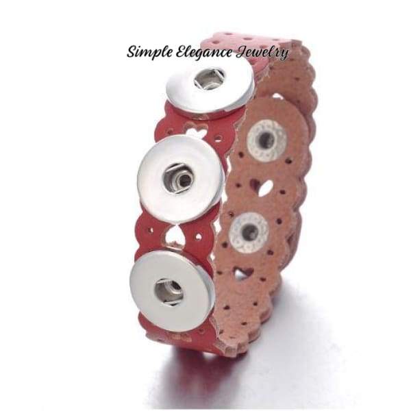 Snap Bracelet-Triple Heart Cut-Out Leather 18mm-20mm Snaps - Brick Red - Snap Jewelry