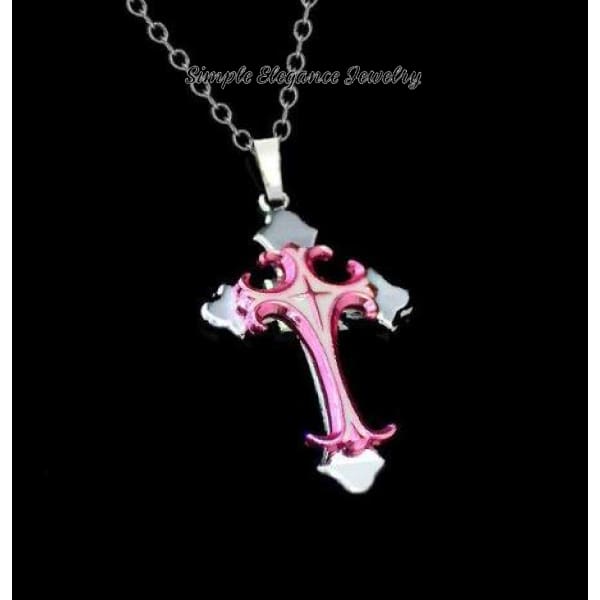 Stainless Steel Cross Necklace - Pink - Snap Jewelry