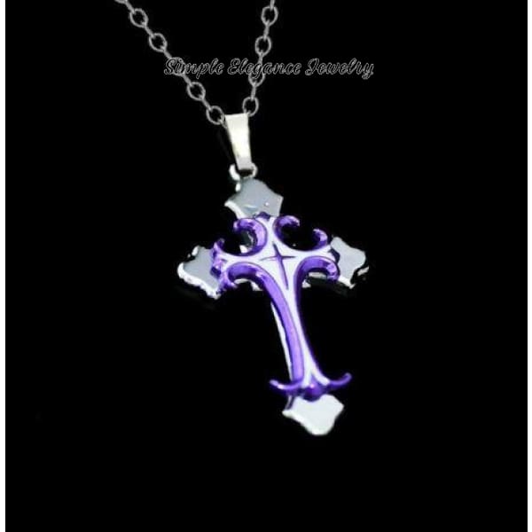 Stainless Steel Cross Necklace - Purple - Snap Jewelry