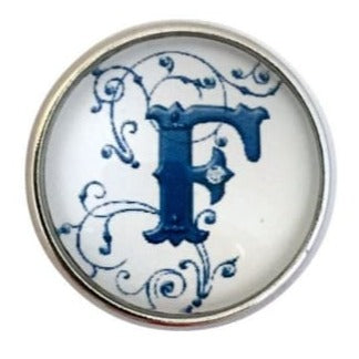 White-Blue Alphabet Initials (A-Z) 20mm Snaps - F - Snap Jewelry