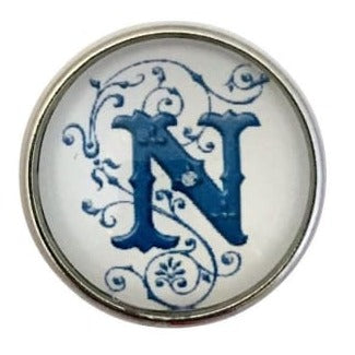 White-Blue Alphabet Initials (A-Z) 20mm Snaps - N - Snap Jewelry