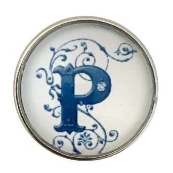White-Blue Alphabet Initials (A-Z) 20mm Snaps - P - Snap Jewelry
