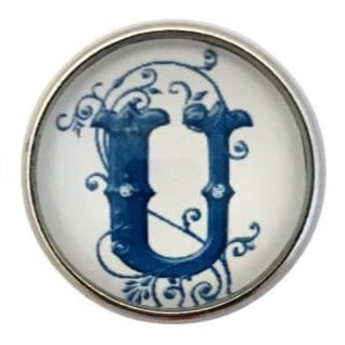 White-Blue Alphabet Initials (A-Z) 20mm Snaps - U - Snap Jewelry