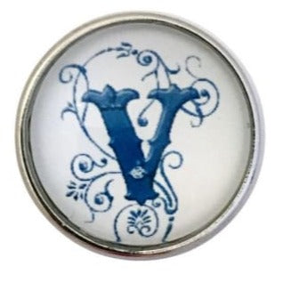 White-Blue Alphabet Initials (A-Z) 20mm Snaps - V - Snap Jewelry