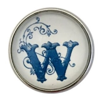White-Blue Alphabet Initials (A-Z) 20mm Snaps - W - Snap Jewelry